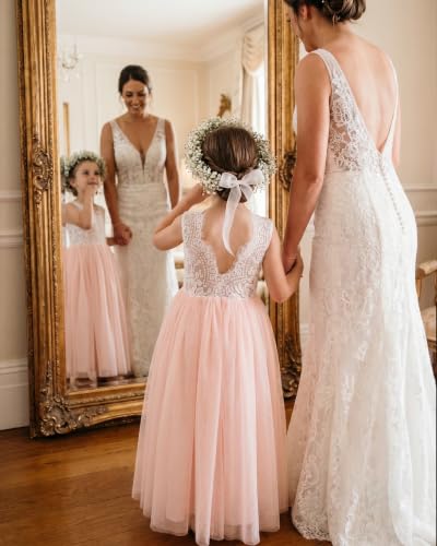 Image of 2Bunnies Girl Peony Lace Back A-Line Straight Tutu Tulle Party Flower Girl Dress