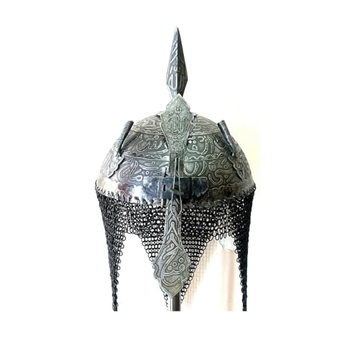 ROYAL CRAFT Persian Ottoman Mughal Islamic Khula Khud Replica Helmet with Chainmail, Engraved Metal Carving Design Silver