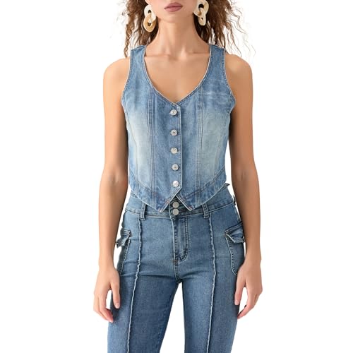 Felcia Damen Sommer ärmellose Denim-Weste sexy V-Ausschnitt...