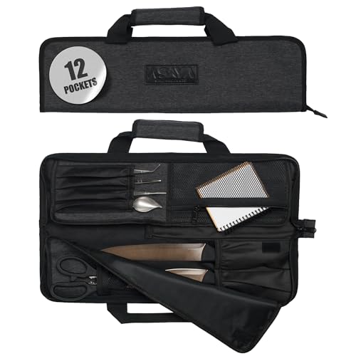 Bolsa para facas de chef Asaya - 12 bolsos para facas e utensílios de cozinha - Nylon leve, durável e resistente a manchas - Perfeita para chefs viajantes - Facas não incluídas