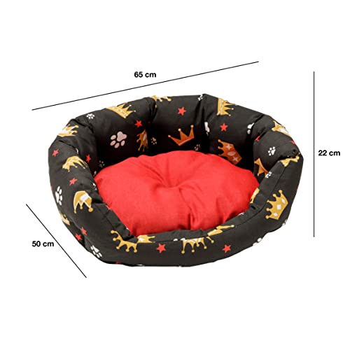 Baroni Home Hundebett aus Stoff, Größe L, weiches rundes Hundematte für Hunde und Katzen, bequem, für Schlafzimmer Wohnzimmer Flur, waschbar (50x65 cm, Rot, Scwharz mit Kronen)