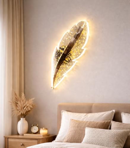 Image of SINOMAN Inbuilt LED Led Feather Wall Light Golden Leaf Design 3 Step Adjustable Color Changing Stylish Decorative Ambient Lighting Perfect for Living Room, Bedroom, Balcony, Cafe, Home Decoration