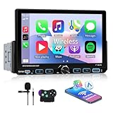 Autoradio 1 DIN 7 Zoll IPS Screen mit kabellosem CarPlay & Android Auto, MP5 Player mit Bluetooth Freisprecheinrichtung FM/AM/RDS Radio Mirror Link USB Type-C EQ Lenkradfernbedienung Rückfahrkamera