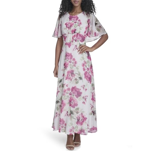 Calvin Klein Women's Flutter Sleeve Round Neck Floral Chiffon A-line Midi Dress, Rose Multi, 2 at Amazon Women's Clothing store