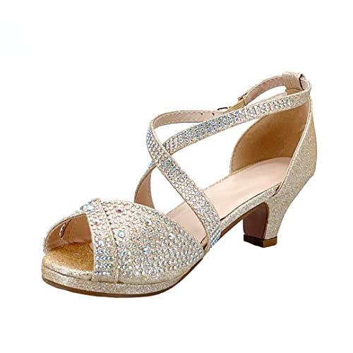 Image of ABSOLEX Girl's Toddler /Little Kid /Big Kid Cross Strappy Open Toe Rhinestone Dressy Low Heel Dress Up Pump Sandal