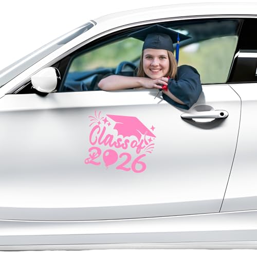 Image of 2PCS Class of 2026 Car Sticker & Graduation Hat Stickers Removable Graduate Decal Car Sticker 8 inchx 7.1 inch Waterproof Vinyl Decals Arts & Crafts for Graduation Party Decorations (Light Pink)