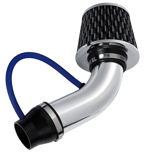 エアフィルター セット 76mm 口径 吸気管 自動車用 アルミ製 エアインテーク パイプ 汎用 クリーナー パーツ エンジン ダクト 吸気効率 アップ エンジン コンパクト (シルバー)