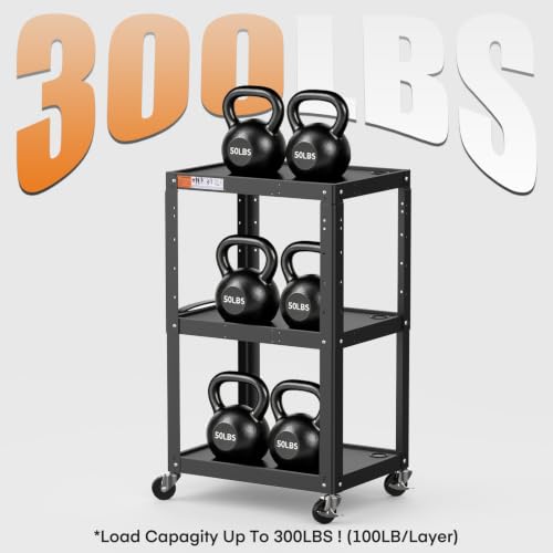 Image of 3 Shelf Metal Utility Cart - Durable Computer Cart on Wheels with Power Strip,Height Adjustable AV Presentation Cart Stand for Movie Projector,TV and Laptop Computers,Easy to Assemble, Black