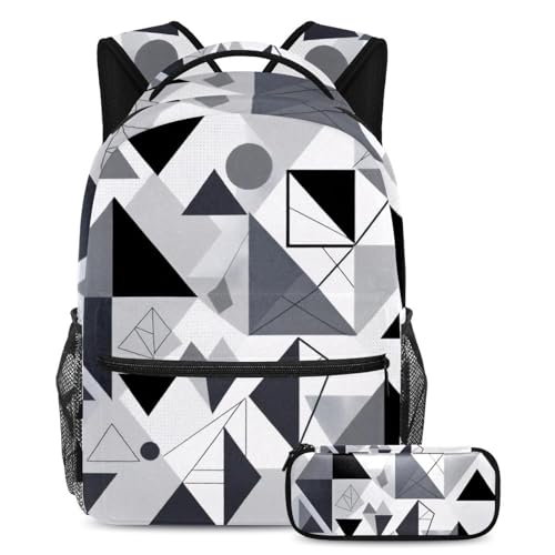 Sac à dos grande capacité avec trousse assortie pour fille et garçon au style géométrique