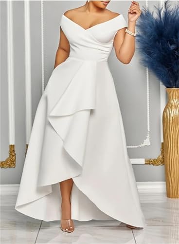 Off The Shoulder Mother of The Bride Dresses with Pockets High-Low V Neck A Line Evening Party Dresses with Ruffle2
