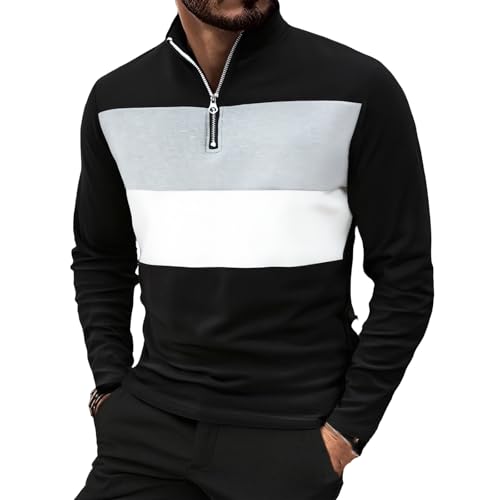 Men's Slim Fit 1/4 Zip Polo Shirt Lightweight Long Sleeve Color Block T Shirts Business Golf Patchwork Tops
