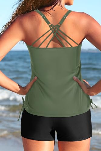 Image of Tempt Me Two Piece Tankini Swimsuits for Women Tummy Control Bathing Suit with Shorts Athletic Swimwear