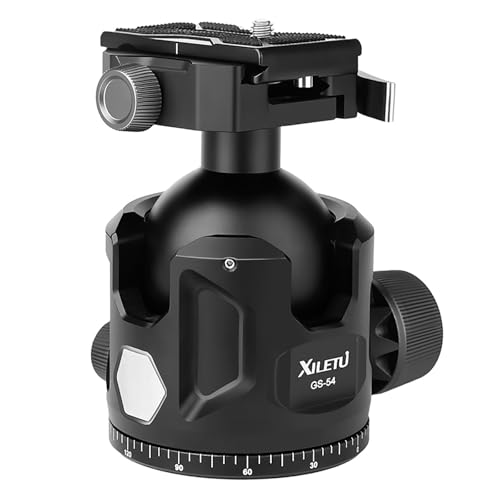 XILETU 54mm Aluminum Alloy Tripod Ball Head, 35kg Heavy Load Panoramic Ball Head, Arca Swiss & Picatinny Dual Clamp Rotating Head for Photography Hunting Shooting