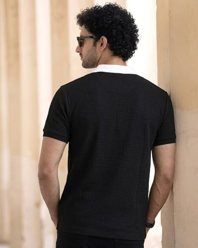 Image of AUSK Men's Textured Vertical Striped Knit Polo T-Shirt | Half Sleeve Zipper Neck Self-Design Casual Tee | Mens Tshirts