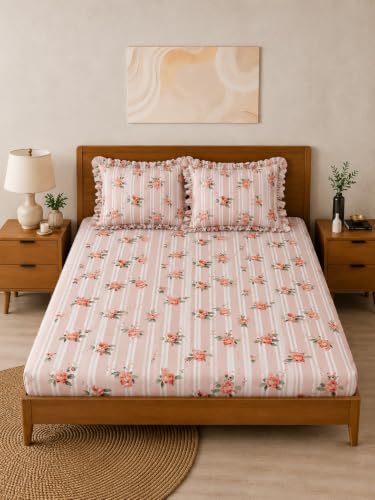 Image of 380 TC Premium Glace Cotton Elastic Fitted Bedsheet King Size with 2 Pillow Covers King Size | Double Bed with All Around Elastic (PinkRose, Fitted Queen-60x78)