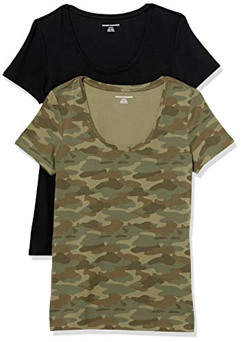 Amazon Essentials T-Shirt Col Rond à Manches Courtes, Coupe Classique (Disponible en Grande Taille) Femme, Lot de 2, Noir/Vert Camouflage, XL