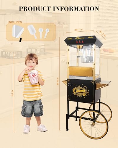 Image of Large Popcorn Machine with Cart: Vintage Commercial Popcorn Maker Movie Theater Style Makes Up to 64 Cups for Home Party Office, 16 Oz Popcorn Machine with Cart, Black