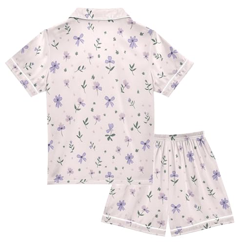 Purple Floral Bows Pajamas Set Summer Button Down Sleepwear Pjs Sets Comfy Loungewear2