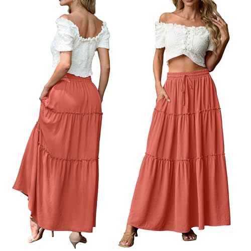 Image of Lepunuo Womens Casual Boho High Waisted Flowy Maxi Skirts Tiered Floral Long Skirts with Pockets for Summer Beach Vacation