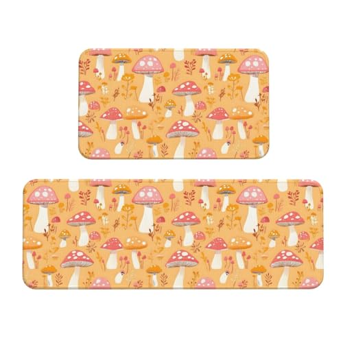GVYGVY Antifatigue Kitchen Mats for Floor 2 Piece - Mushroom Pink Orange Print Kitchen Rugs Washable, Non Slip Runner Rug Standing Mat for Office/Bathroom/Laundry/Home Decor and Accessories