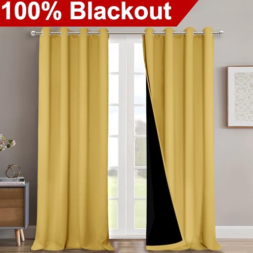 Image of NICETOWN 100% Blackout Blinds, Laundry Room Decor Window Treatment Curtains for Large Patio Sliding Door, Thermal Insulated Bright Yellow Curtains for Bedroom, Set of 2, 70 inches x 108 inches