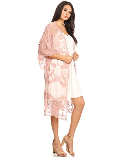 Anna-Kaci Womens Long Embroidered Lace Kimono Cardigan With Half Sleeves, Mauve, Onesize #TOP2