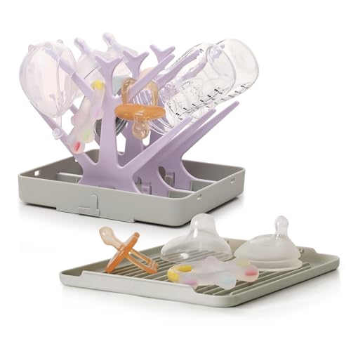 Image of haakaa Portable Baby Bottle Drying Rack with Tray, Space Saving Bottle Drying Tree for Bottles/Pump Parts/Pacifiers,Easy-Store Dryer Rack Great for Home & Travel, BPA Free (Lavender)