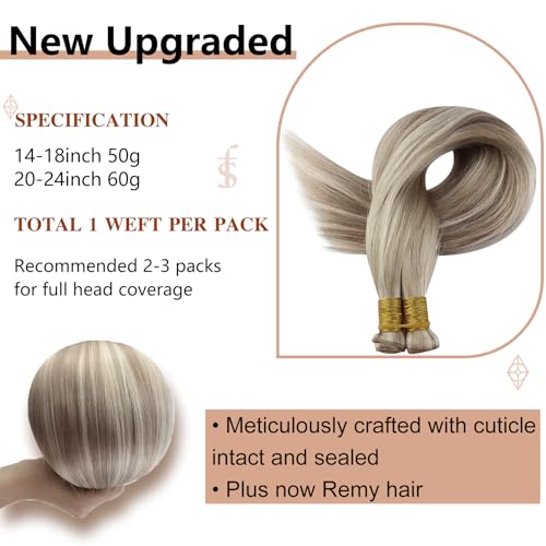 Full Shine 22 Inch Human Hair Weft Sew In Hair Extensions Real Human Hair Hand Tied Hair Extensions Straight Remy Hair For Women Color Ash Blonde Highlight Bleach Blonde Bundles Human Hair 60G - Image 4