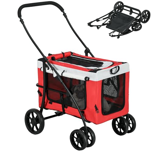 PawHut Poussette pliable animaux chien chat 2 en 1, nacelle amovible bandoulières 4 roues avec frein tissu 600D Oxford 81 x 58 x 97,5 cm rouge