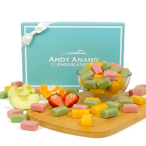 ANDY ANAND CHOCOLATIER Sugar Free & Gluten Free Fruit Taffy Toffees - Trio of Strawberry, Orange & Lemon Flavors, Made in Europe, Individually Wrapped Delicious Assorted Flavored Candies (35 Pcs, 7 Oz)