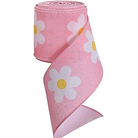 TONIFUL 6,3 cm breites Band, mit Drahtrand, Blumen-Gänseblümchen, Juteband, Sommer, Frühling, Blumenband, für Geschenkverpackungen, Kranzschleifen, Handwerk, Heimdekoration (rosa, große Blume, 9,1 m) Cover