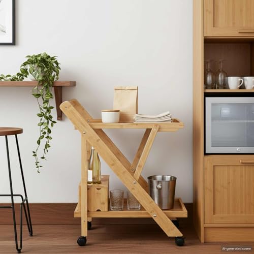 Gecheer Foldable Bamboo Kitchen Trolley with Wine Rack - 360° Swivel Wheels for Easy Indoor Storage Model42028291 - Image 2