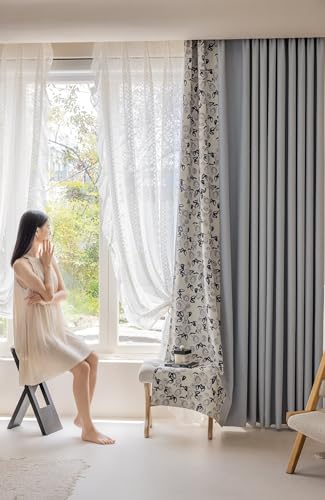 Lirzxin Chenille Blackout Curtain Eyelets 84 Inch Drop, Decorative Curtain for Living Room 2 Panels Splicing Color Rose Flowers Pattern Grey Blue Window Treatment Curtains, 38" W x 84" L - Image 5