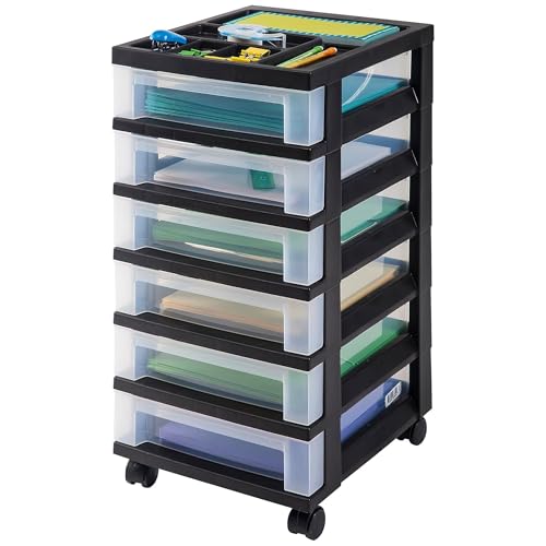 IRIS USA Plastic Drawer Storage Organizer Rolling Cart, with Wheels Casters, 6-Drawers, for Classroom Art Craft Supplies Dresser Closet Bathroom Laundry Room, Black/Clear