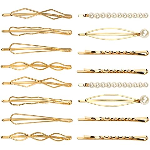 16 Pieces Geometric Metal Hair Pins, Pearls Hair Clips Elegant Hair Barrettes Bridal Gold Metal Bobby Pins Dainty Embellished Bobby Pins for Woman and Girls Cover