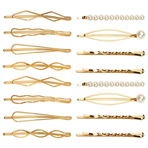 16 Pieces Geometric Metal Hair Clips，Pearls Hair Clips Minimalist Wavy Triangular Diamond-shaped Ellipse Golden Bobby Pins Dainty Metal Hair Barrettes for Woman and Girls