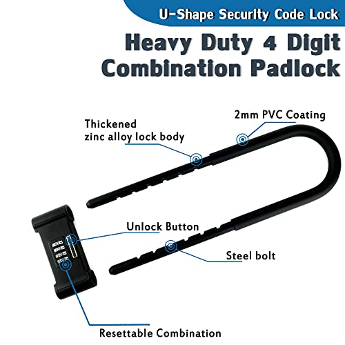 4 Digit Combination Padlock,Heavy Duty Anti Theft U-Shape Security Code Lock With Adjustable Shackle,For Bicycles, E-Bike,Mountain Bike,Glass Door,Gates,Shed, Fence [ Adjustable Range 160-270Mm] #TOP5