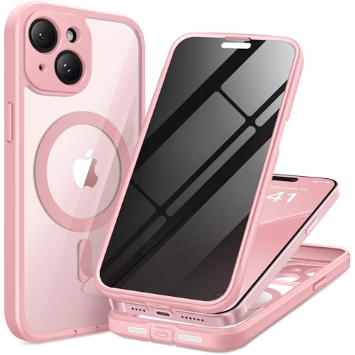 Coque anti-espion iPhone 15 rose MagSafe avec protection caméra antichoc