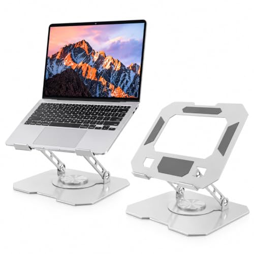 Image of 360 Rotating Aluminium Laptop Stand, Adjustable Ergonomic Laptop Riser with Swivel Base, Foldable Ventilated Desk Stand Compatible with All Laptops up to 17.3 Inches - Silver