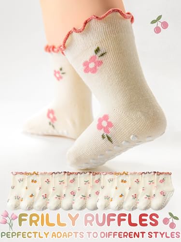 Image of Baby Toddler Girls Socks Grip Ruffle Non Slip Kids Cotton 12 Pack Socks | Premium Soft Cotton,Full Anti-Slip Grips,6 Month-7T Grippy Crew Socks for Girls,Daily School All Season Wear,Cute Ruffle Edge