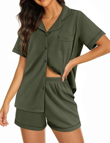 Image of Ekouaer Womens Waffle Knit Pajama Sets Soft Short Sleeve Button Down Sleepwear Cozy 2 Piece Pjs Shorts Set