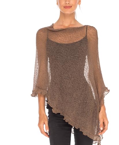 Image of SHU-SHI Women's Sheer Knit Poncho Shrug Lightweight Asymmetrical Ruffle Wrap Dressy Summer Shawl Cover Up Top