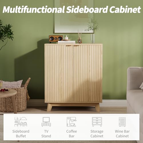 Sideboard Buffet Cabinet with Storage, Modern Fluted Accent Credenza with Doors & Adjustable Shelves, 31.5" Wood Coffee Bar Console Table for Living Room, Dining Room, Kitchen, Entryway, Natural Oak