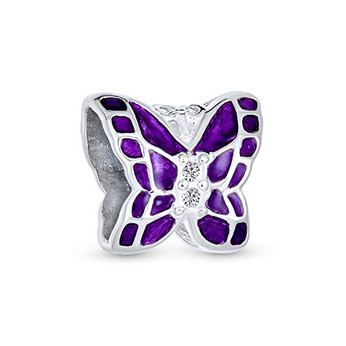 Garden Insect Cubic Zirconia Accent Purple Enamel Accents Butterfly Bead Charm .925 Sterling Silver For European Bracelet