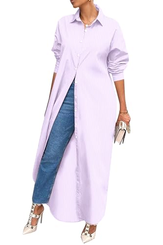 Image of Choichic Button Down Shirts for Women Cotton Casual Collared Striped Shirt Long Sleeve Maxi Dress