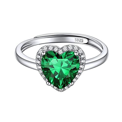 ChicSilver Anillo Compromiso Pareja Anillo Ajustable Mujer Plata de Ley 925 Piedra Corazón Mayo Nacimiento Esmeralda Verde Oscuro Joyería Preciosa Novia Pareja