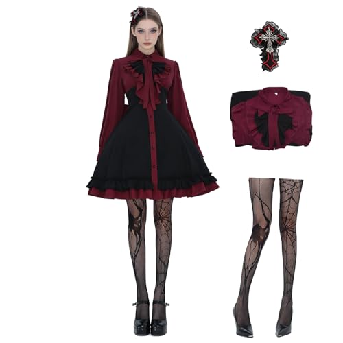 Women Gothic Dress Vintage Victorian Bow Ruffle Steampunk Dresses Long Sleeve Halloween Outfits with Bow Tie(Red,XS)