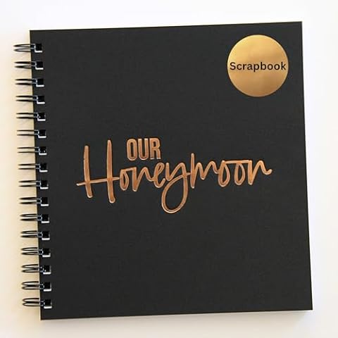 Our Honeymoon Journal, Honeymoon Scrapbook Album, 8.5" x 8.5", 45 Pages, Gold Foil Embossed Cover, Black Cover