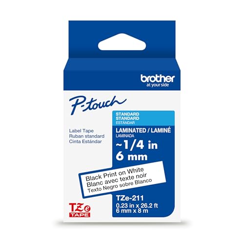 Brother Genuine TZe211~1/4' Black Print on White Label Tape. Each: 0.23 in x 26.2 ft (6 mm x 8 m)