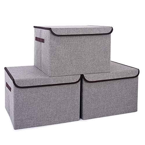 Large 17″ 42 Quarts Collapsible Stackable Storage Bins with Lids [3-Pack] Foldable Fabric Linen Storage Boxes Cube, Closet Organizer Baskets with Label for Home (16.7 x 12 x 12, Gray)